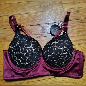 NWT - Shiny Plumb and Black Lace Padded Bra Size 34 B